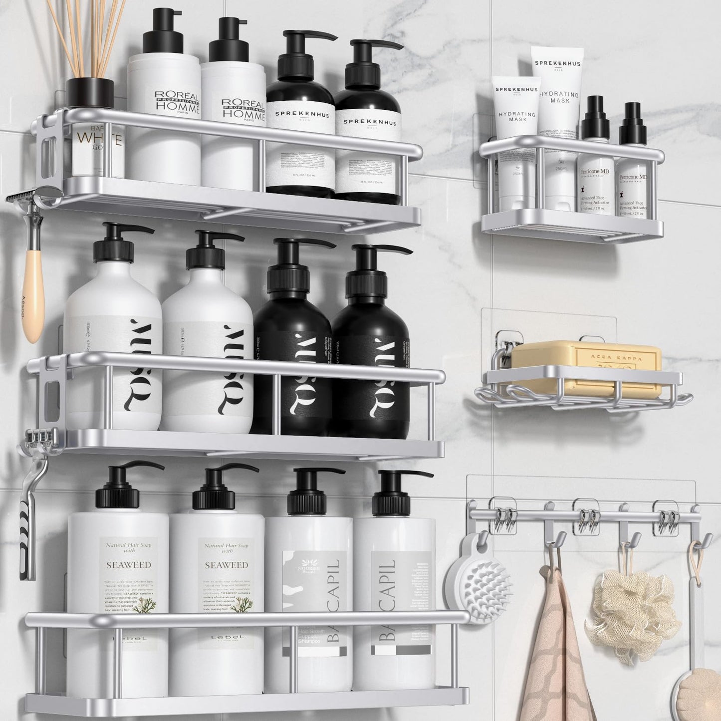 YASONIC Shower Caddy, 100% Rustproof Shower Shelves for Inside Shower, No Drilling Bathroom Organizers and Storage, 6 Pack Large Capacity Bathroom Shelves for Kitchen & Home Decor