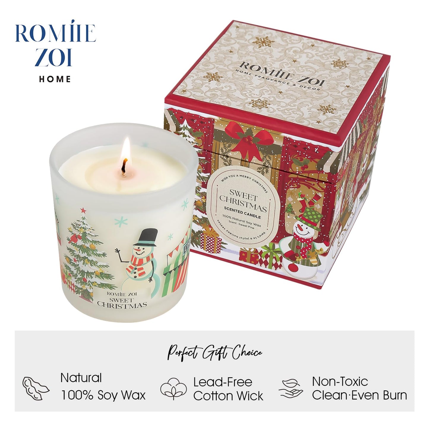 ROMIIE ZOI Christmas Scented Jar Candle - 6oz Soy Wax Candle - Sweet Christmas Infused with Sweet Pine Aroma - Keepsake Box Special for Holiday Gifts