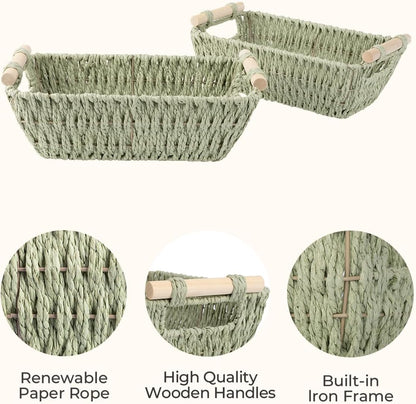 StorageWorks Round Woven Basket - Paper Rope with Wooden Handles | Bosana Green, 2-Pack for Gifts & Storage