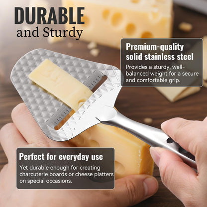 Premium Cheese Slicer – Effortless Slicing for All Cheese Types – Multi-Functional Cheese Cutter - Stainless Steel Cheese Plane – Quilted Pattern Reduces Resistance, Non-Stick, Ergonomic Handheld Grip