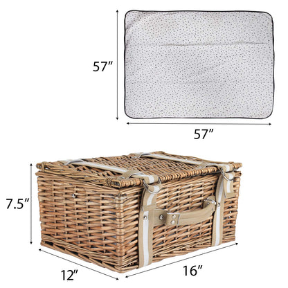 Willow Picnic Basket Set for 2 Persons with Large Insulated Cooler Bag and Waterproof Picnic Blanket, Wicker Picnic Hamper for Camping,Outdoor,Birthday