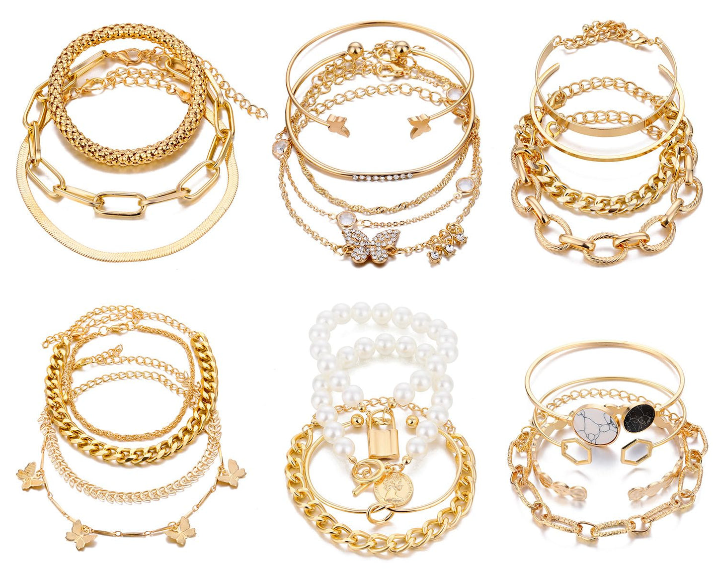IFKM 6 PACK (24 PCS) Boho Gold Chain Bracelets Set for Women, 14K Gold Plated Multiple Layered Stackable Open Cuff Wrap Bangle Adjustable Link Italian Cuban Jewelry for Women Gift