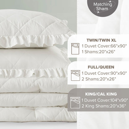 Comfort Spaces Ivory King Duvet Cover Set - 3 Pieces Ruffle Diamond Quilted Duvet Cover, All Season Lightweight, Cotton-Like Softness Pre-Washed Microfiber King Bedding Cover & Shams, King
