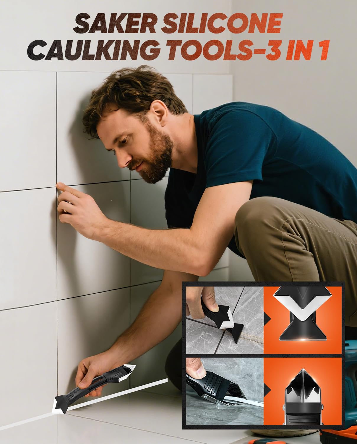 Saker Silicone Caulking Tools-3 in 1 Sealant Finishing Tool Grout Remove Scraper (Stainless Steelhead),Caulk Remover Glass Glue Angle Scraper for Bathroom,Kitchen,Floor,Window,Sink Joint,Frames Seal