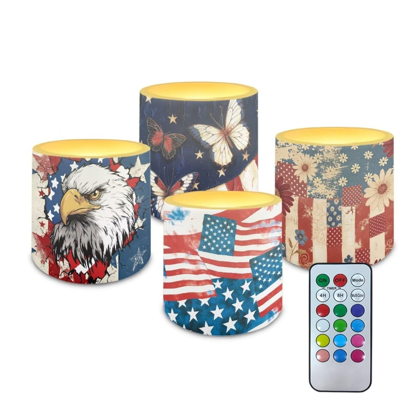 NETILGEN American Flag Eagle Daisy 3 inch Flameless LED Candles with Remote Timer Set of 4 July 4th Independence Day Decor Realistic Flickering Flameless Candles with Battery Powered