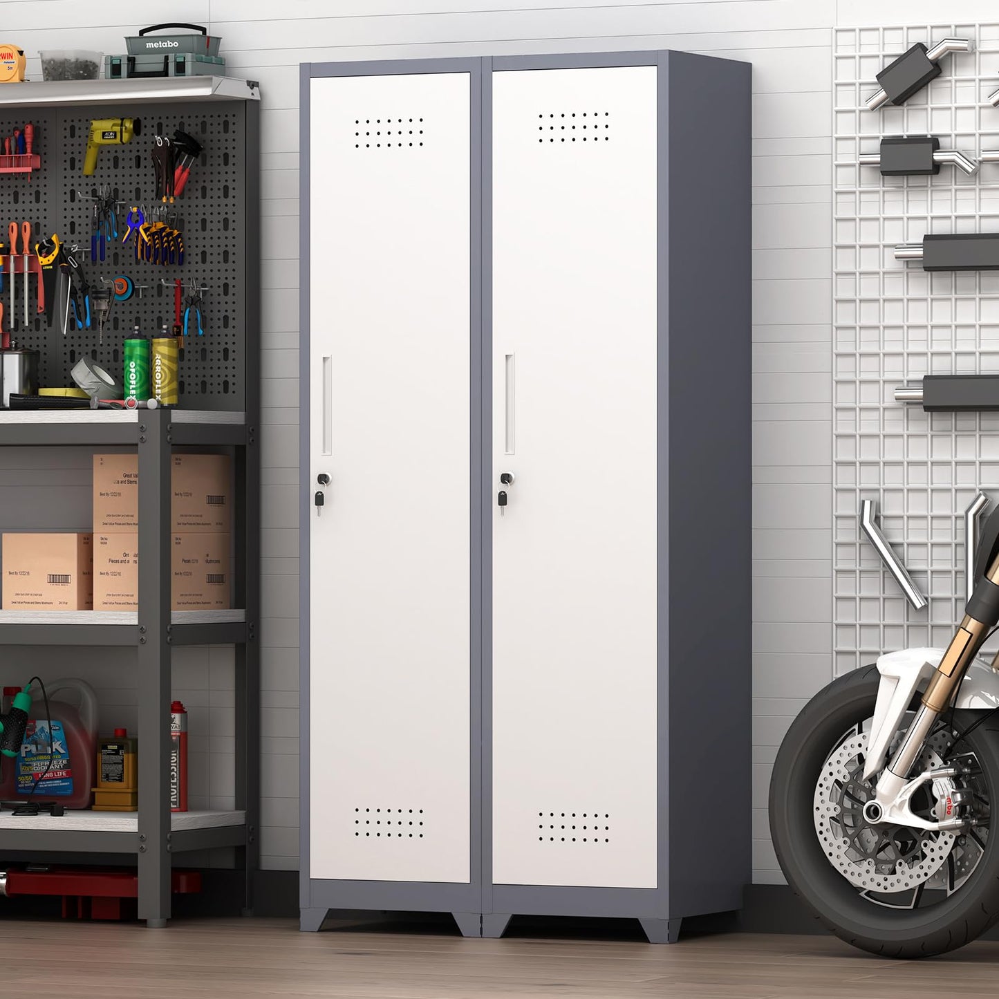 GREATMEET Slim Locking Metal Garage Storage Cabinet, 65" Lockable Utility Closet, Tall Steel Narrow Broom Closet Storage Cabinets with Door and Shelves for Laundry Room, Bathroom, White & Grey