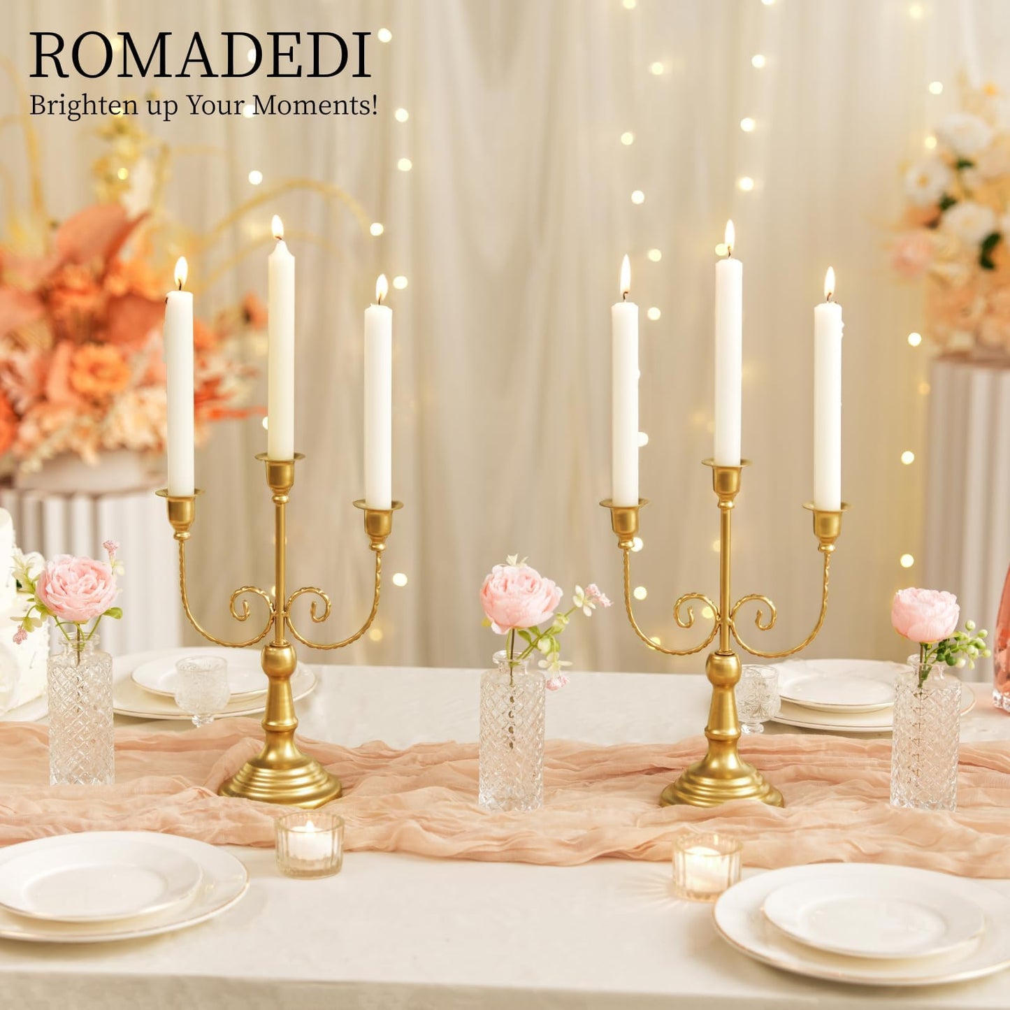 Romadedi Candelabra Gold Candle Holders - 3 Arm 11.8" Wedding Candlestick Holder for Theme Party Table Centerpiece Decor Dining Room Birthday Holiday Christmas