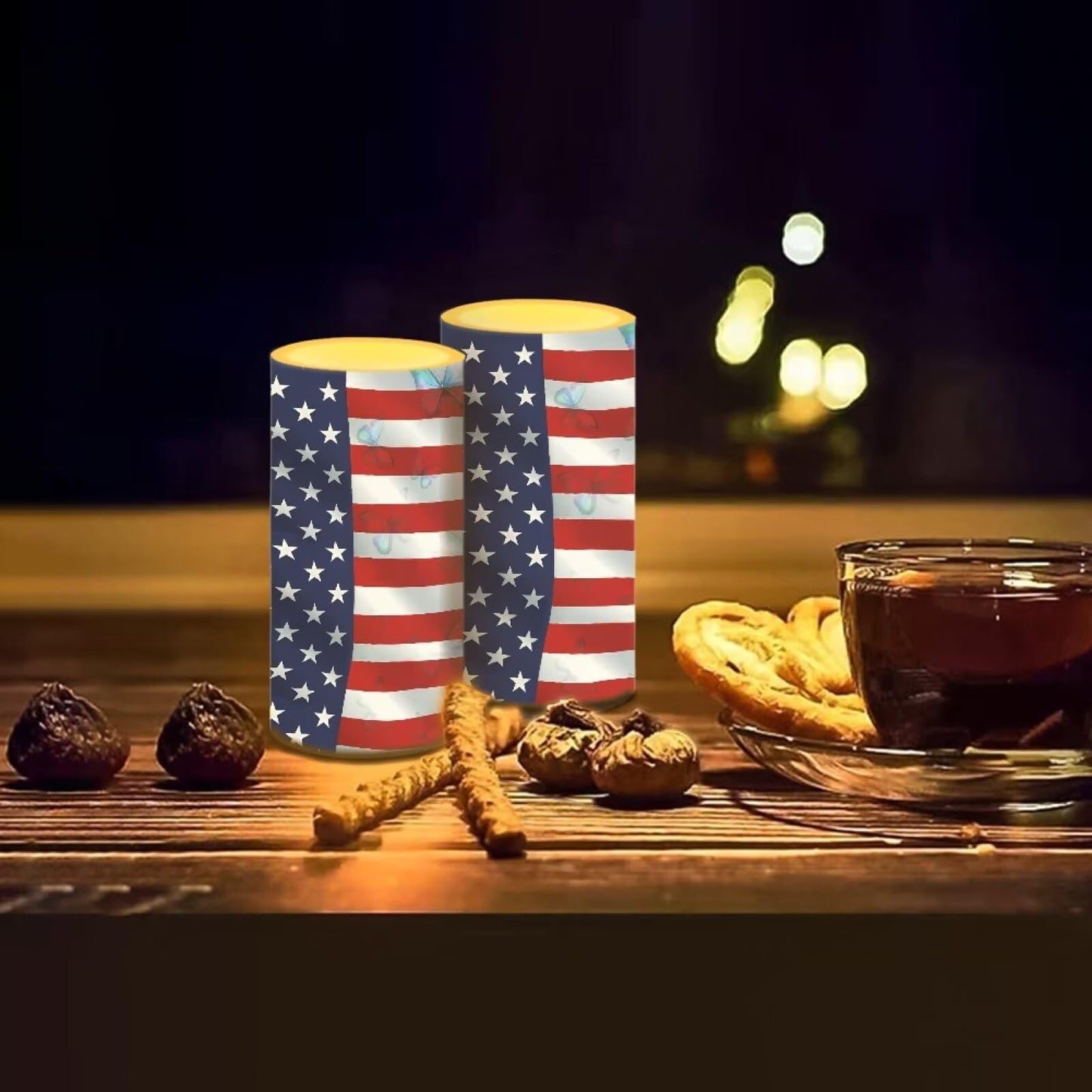 Luarisgur Flameless Candles LED American Flag Decorative Candles Butterfly Print Battery Operated Ornage Flickering Candles with 18-Key Remote Timer Pillar for Home Living Room Party Table Decorations