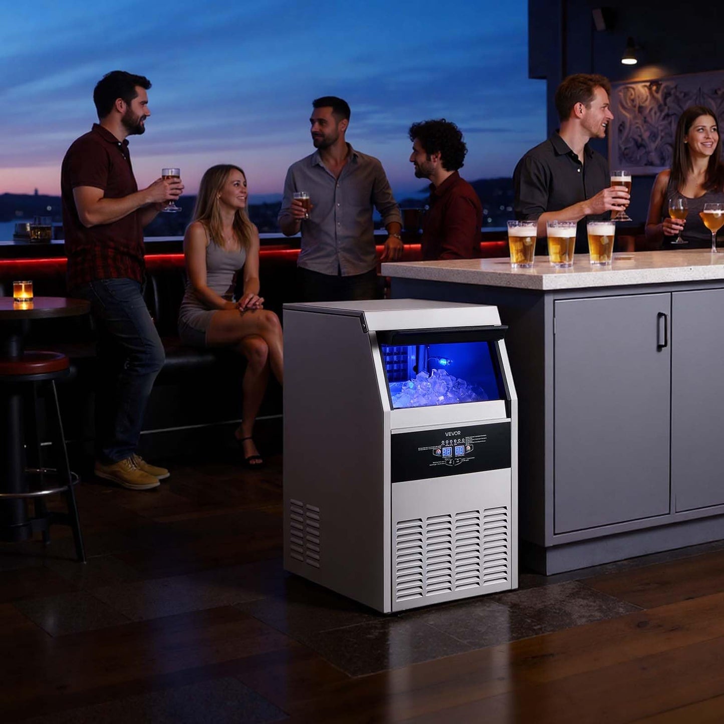 VEVOR Commercial Ice Maker Machine, 130 lbs/24h with 16-30 lbs Storage Capacity, Built-in/Freestanding/Under Counter, Stainless Steel Ice Maker with LED Display & Self-Cleaning, Home Bar Restaurant