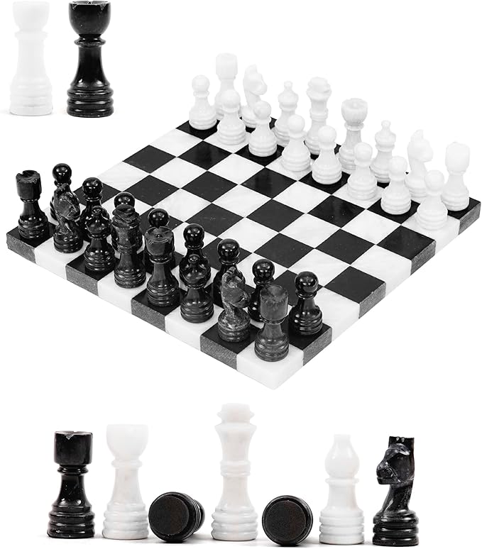 Marble Chess Set Game 12 Black &amp White Chess Board with 32 Chess Pieces &amp 2 Extra Queens Beginner Board Game Chess Set for Valentine’s Day Game Nights
