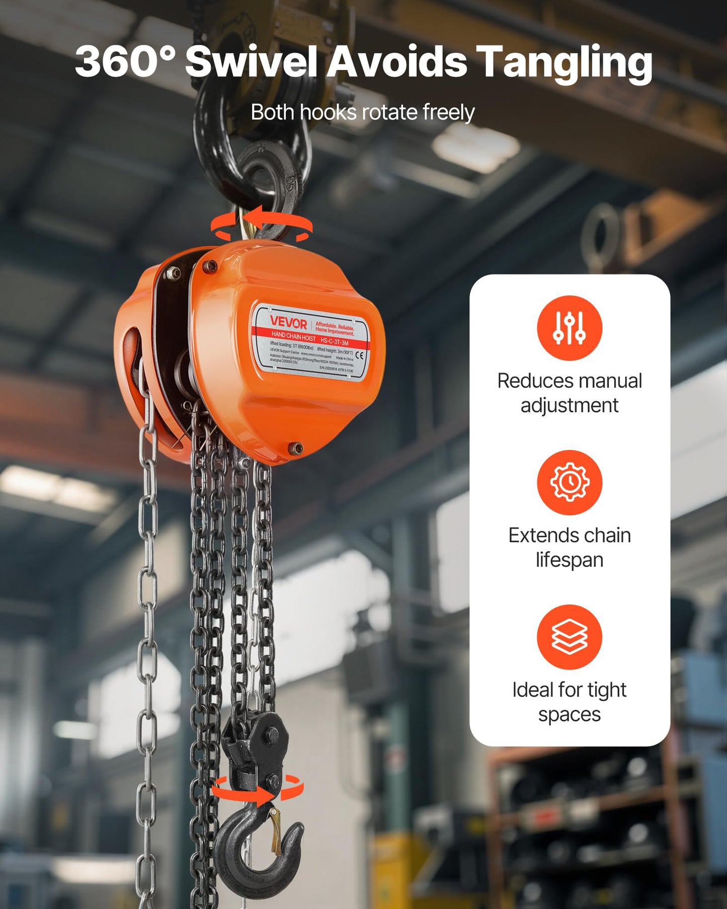 VEVOR Hand Chain Hoist, 3 Ton 6600 lbs Capacity, Manual Chain Block with Upgrade G80 Galvanized Chain, 10 ft Lifting Height, Heavy Duty Pulley Hoist for Garage Warehouse Automotive Machinery, Orange