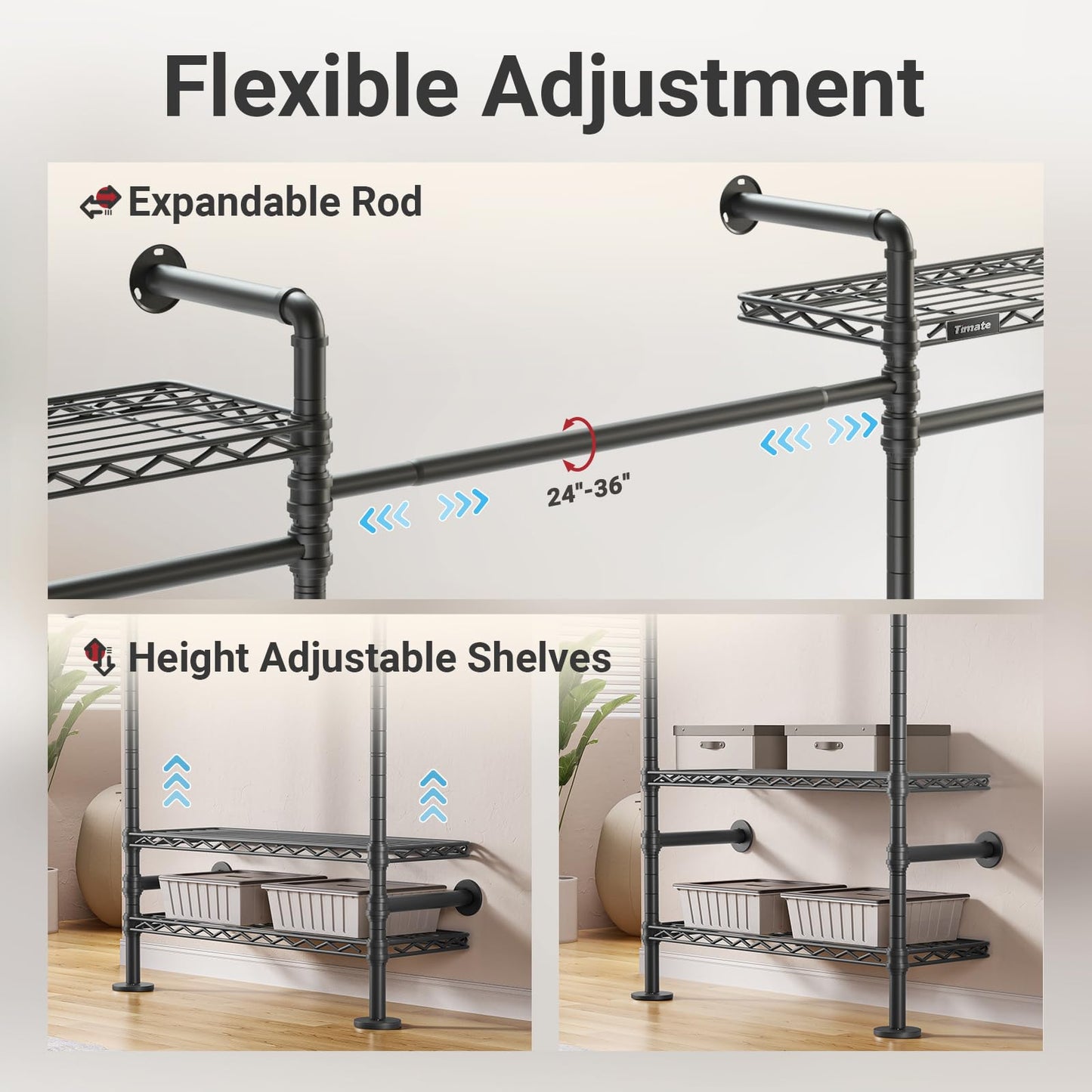 Timate F3 Medium Wall Mounted Clothes rack Expandable Closet, Industrial Pipe Clothing Rack for Hanging Clothes, Heavy Duty Clothes Rack with Shelves, Garment Rack Wall Closet System Black Pipe Closet