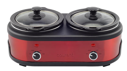 Courant 3.2-Quart Double Slow Cooker (1.6-Qt each) w/Warm Settings, Stainproof Stoneware Pots and Glass Lids – Red Stainless Steel