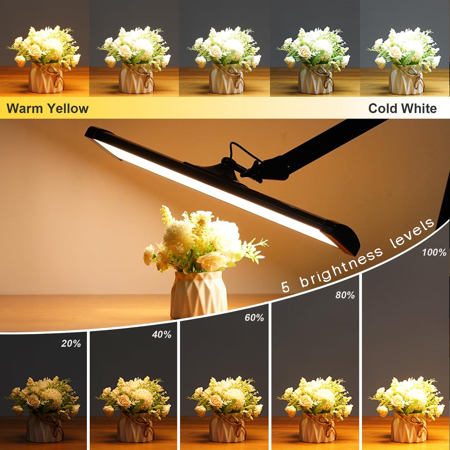 Bemelux LED Architect Desk Lamp, 2300 Lumens, Dimmable, Metal Swing Arm, 5 Color Temperatures, 30W, Ideal for Task Work, Drafting, Reading, Clamp-on Office Table Lamp with 360 Bright LEDs (Black, CCT)