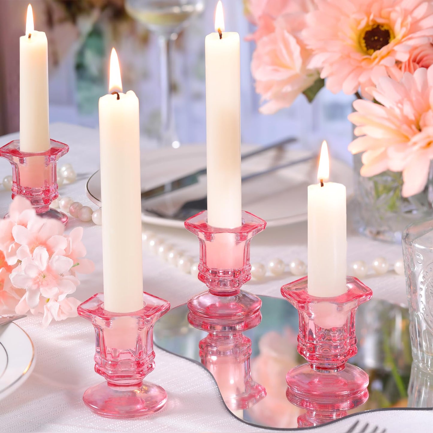 Lanttu 12 Pcs Pink Candlestick Holders Bulk, Glass Candle Holders Set, Crystal Taper Candle Holder for Wedding, Table Centerpiece, Home Decoration