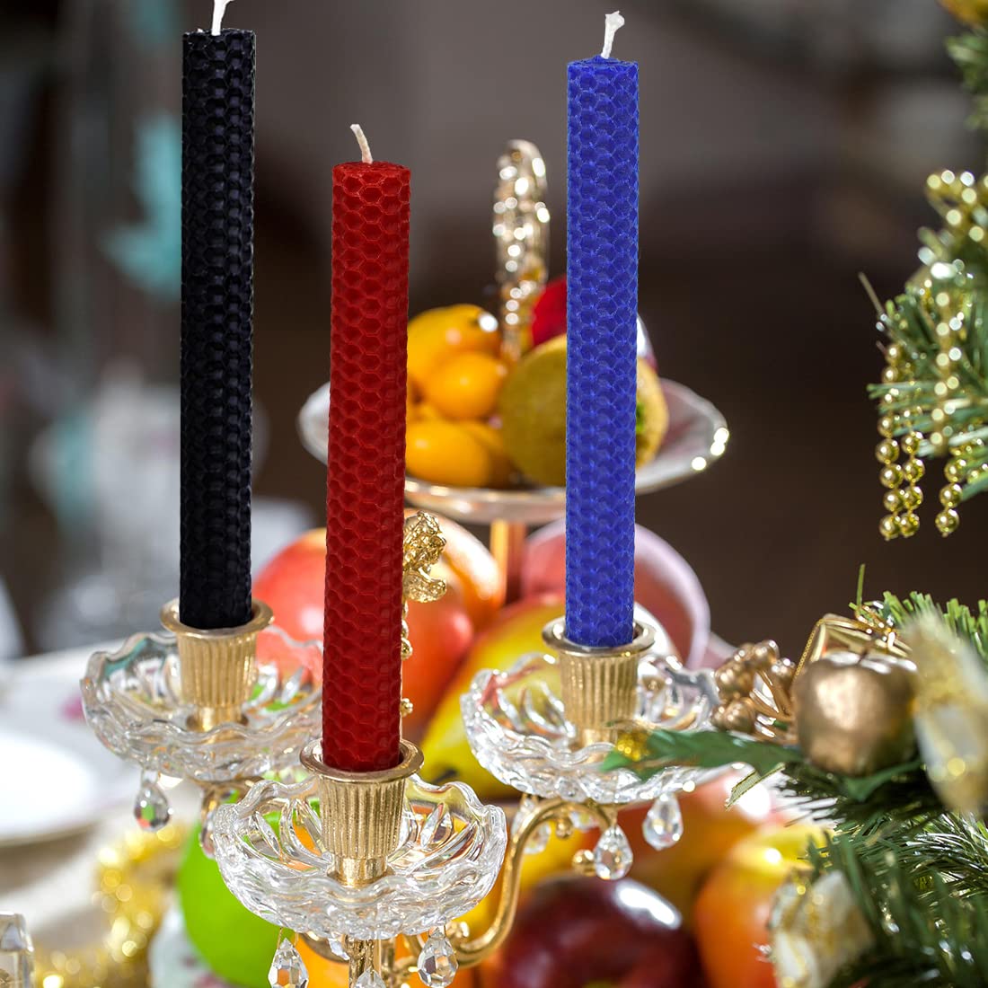 DEYBBY Natural Beeswax Taper Candles,Honeycomb Design Hand-Rolled Beeswax Candles, Dripless and Smokeless, Set of 6(Black)
