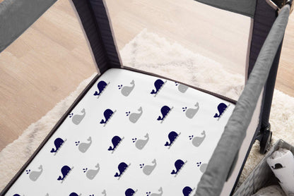 American Baby Company 100% Natural Cotton Fitted Pack and Play Sheet 39" x 27" - Soft & Breathable Pack N Play Sheet for Playpen, Playard & Mini Crib Mattress, Navy Whale, for Boys & Girls