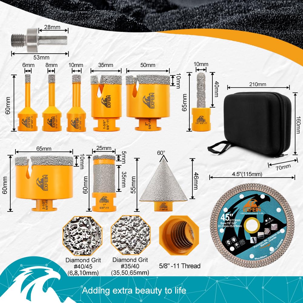 EXFEIN Diamond Tile Hole Saw Kit 12pcs - 6/8/10/25/35/50/65mm Core Drill Bits,10mm Milling Bit and 2" Chamfer Bit with Hex Adapter and 4.5" 2pcs Diamond Blade and for Tile Porcelain Marble