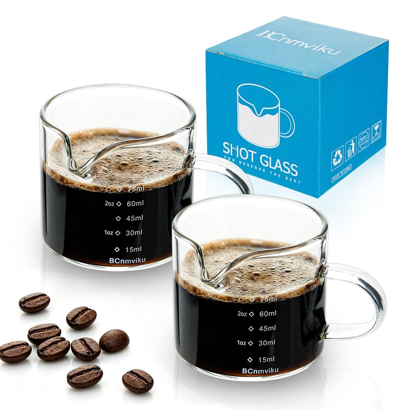 BCnmviku 2 PACK Espresso Glass Measuring Cup Triple Pitcher Milk Cup 75ML Espresso Cups with Handle Shot Glass with V-Shaped Mouth Clear Accessories Milk Frothing Pitcher (2)