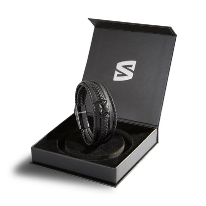 SERASAR Mens Leather Bracelet 20cm Black Men Gift Box Genuine Braided Adjust Able Magnetic Clasp Multi Layer Wrap Rope Man Mans Bracelets Jewelry Magnet Accessories