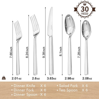 KINGSTONE Silverware Set, 30-Piece Flatware Cutlery Set Premium Stainless Steel, Service for 6, for Kitchen, Home, Wedding, Party, Mirror Polished and Dishwasher Safe