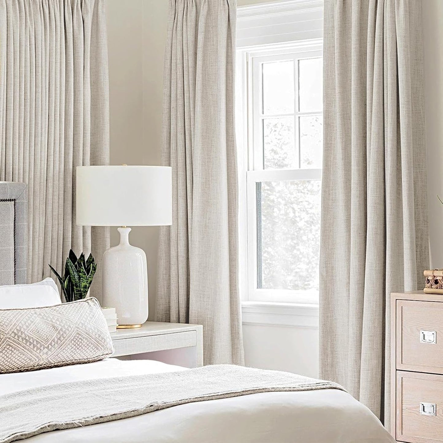MIULEE 100% Blackout Linen Curtains - Thermal Insulated Birch Grommet Drapes | 52 x 84 Inch (2 Panels)