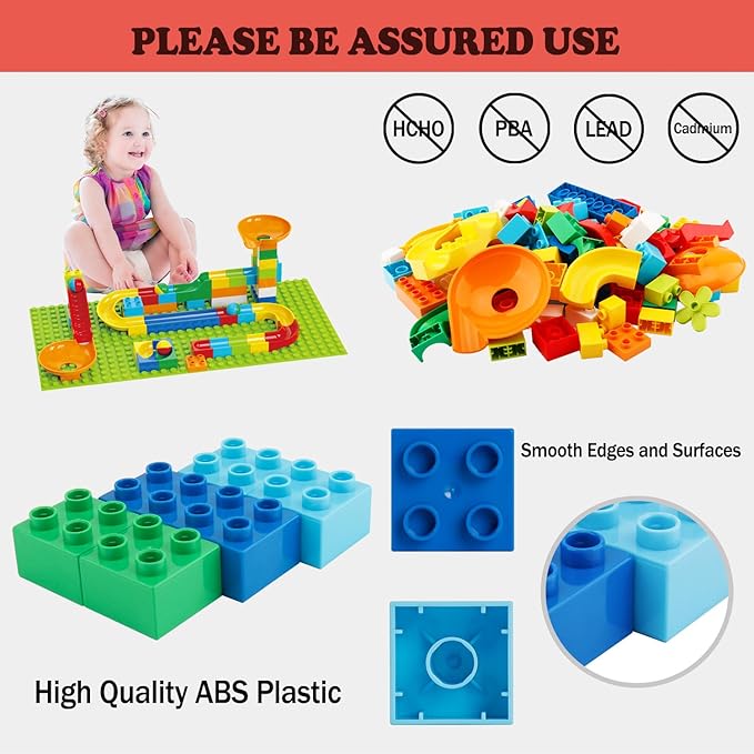 Marble Run Building Blocks for Kids Age 3-8 128 Pcs STEM Building Bricks Set with Toss Ring Game Educational Learning Toys for Toddlers Boys Girls Gifts- Compatible with All Major Brands