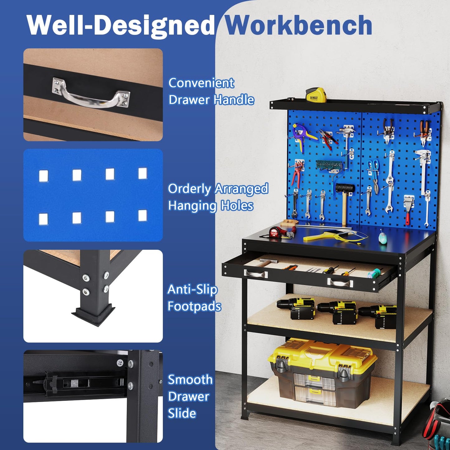 Goplus Workbench with Drawer, 32" x 16" Heavy-Duty Work Table with 2 PCS Pegboard & 4 Shelves, 19 Hanging Hooks, 495LBS Capacity, Metal Tool Storage Work Bench for Garage, Workshop, Home
