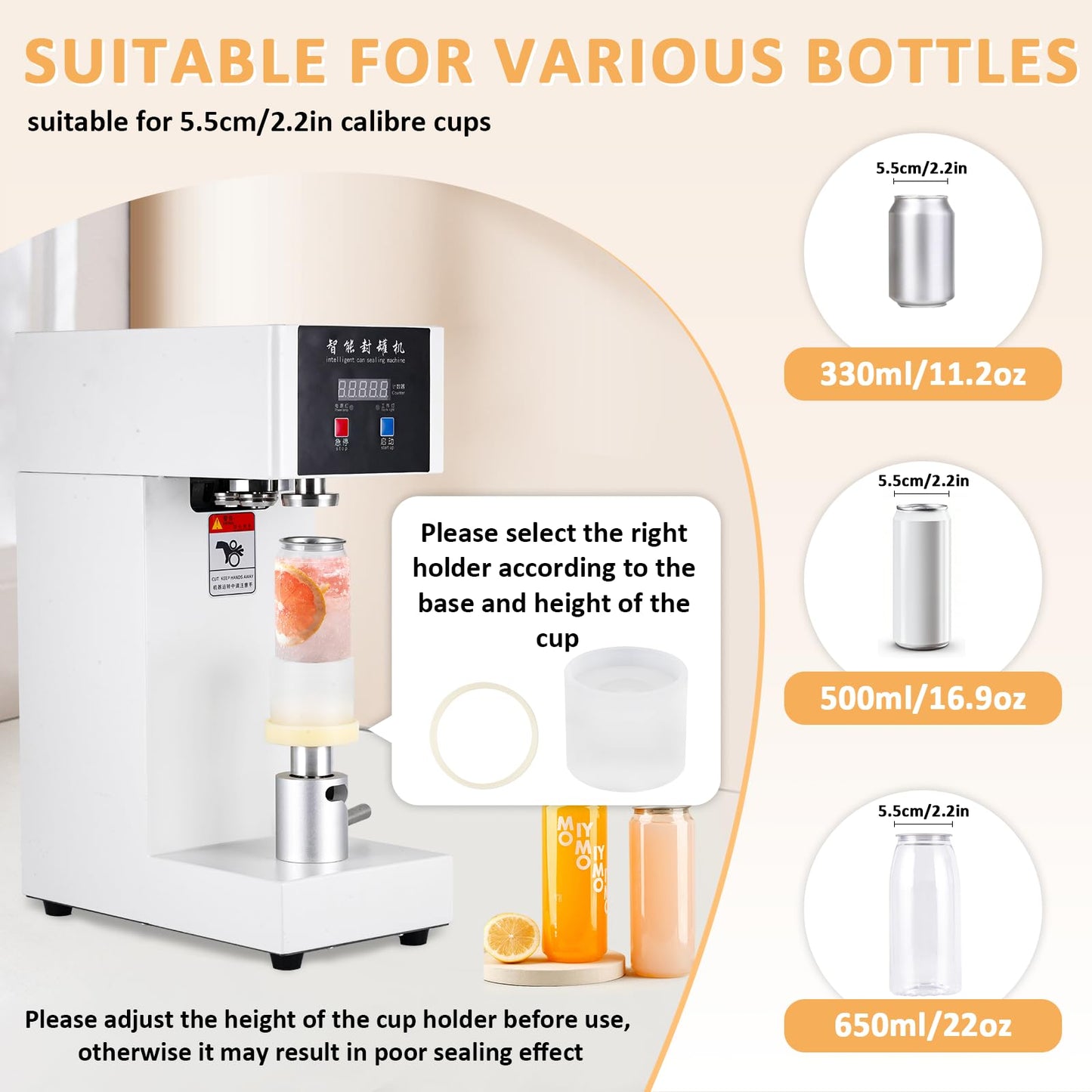 JIAWANSHUN 180W Commercial Soda Can Sealer with LCD Counter, 4.5"-6.7" Height Adjustable Seaming Machine for Soda/Aluminum/Tin Cans, 2.2" Diameter Plastic Can Sealer