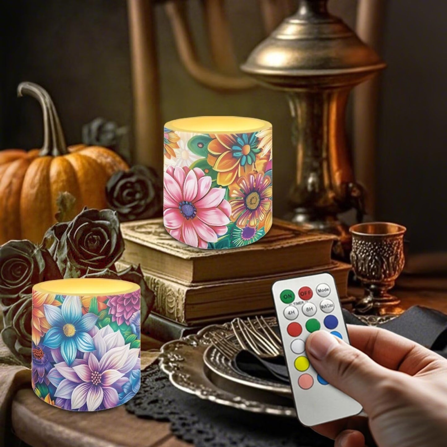 NETILGEN 3 inch Flickering Color Changing LED Candles Boho Flower Bright Blossom Set of 4 Flameless Eletric Pillar Candles with Remote Timer Control Home Party Decor