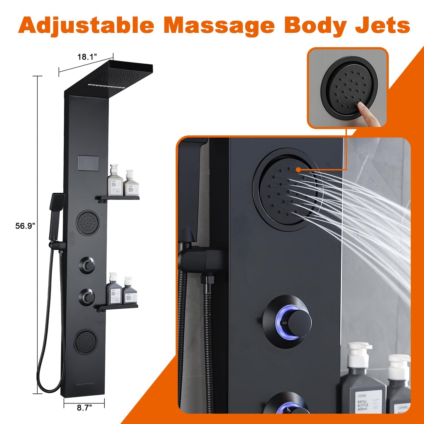 RUITHOE LCD Temperature Display Rainfall Shower Panels Tower System with Storage Shelf, Matte Black LED Light 304 Stainless Steel with Handheld Massage Body Jets Water Waterfall Bathtub