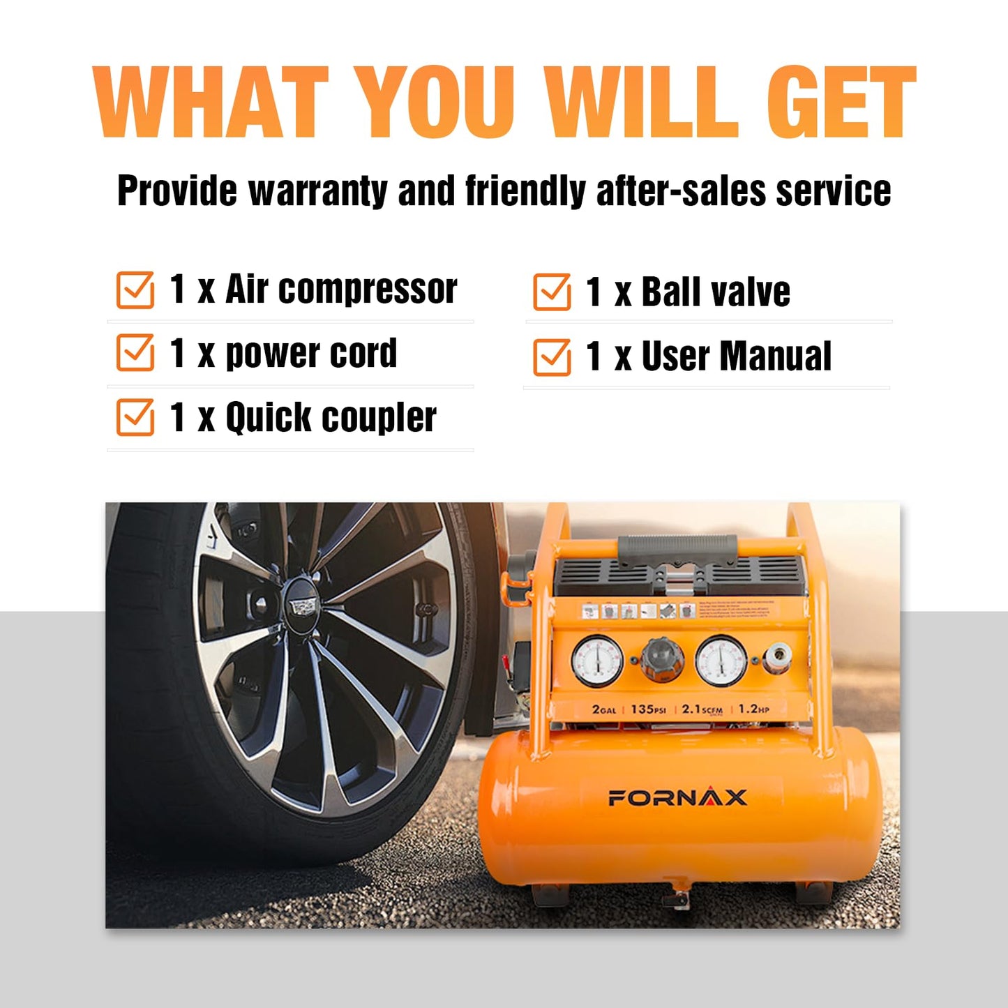 FORNAX Air Compressor Portable 2 Gallon, 1.2 HP 2.1 SCFM@ 90 PSI Oil Free, Max Pressure 135 PSI, 65 dB Silent Air Compressor for Auto Repair, Tire Inflation, Airbrushing, Nailing
