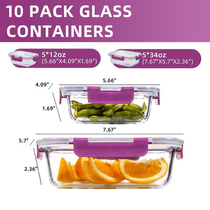 UMEIED 10 Pack Glass Food Storage Containers with Lids, Leakproof Airtight Glass Meal Prep Containers For Lunch, On The Go, Leftover, Dishwasher Safe