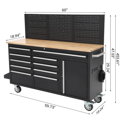 ActiveTrail 61" Tool Cabinet with Wheels, 10 Drawers Rolling Tool Chest, Heavy Duty Storage Workbench with Power Strip, Solid Rubber Wood Top, 1675 LBS Capacity, Mobile Tool Box for Garage, Shop