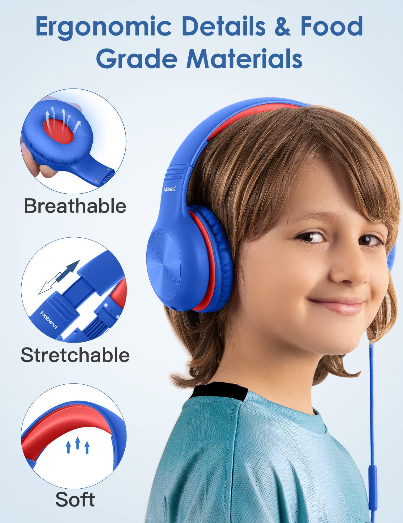 Nabevi Headphones for Kids for School, Kids Headphones with Microphone, Sharing Function, 85dB/94dB Safe Volume Limit, Over Ear Kid Headphone for School, On-line Study, Travel, Glaze Blue