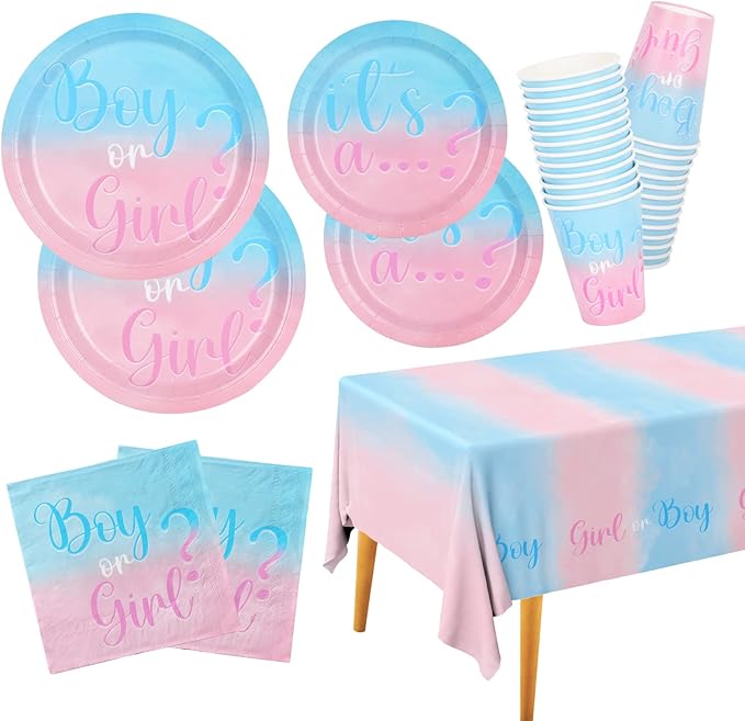 Baby Gender Reveal Party Supplies Boy or Girl Disposable Paper Plates Napkins Cups Tablecloth for Baby Shower Decorations Serve 25