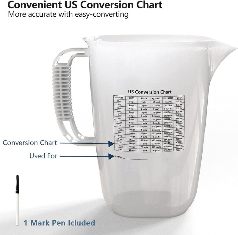 1 Gallon Measuring Pitcher-Convenient Conversion Chart,134oz Extra Large Plastic Measuring Cup-Strong Food Grade Material,Graduated Mixing Pitcher Great for Lawn,Pool Chemicals, Motor Oil and Fluids