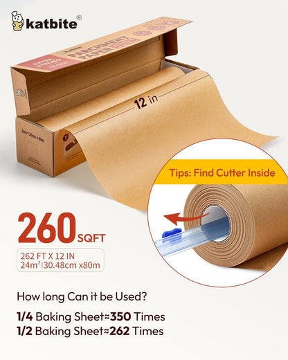 Unbleached Parchment Paper Roll for Baking 12in x 262ft, 260 Sq.Ft, Heavy Duty & Non-stick Baking Paper with Slide Cutter, Brown Parchment Paper for Cooking, Air Fryer, Steaming, Bread
