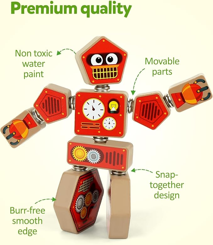 Coogam Snap Together Robot Builders for Toddlers Wooden Take Apart Robot Build Block Playset Fine Motor Skill STEM Educational Montessori Toy Gift for 3 4 5 Years Old Kids