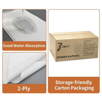 JOWLOT Disposable Napkins, 2-Ply 1200 Count Paper Dinner Napkins, White Napkins Bulk for Wedding Party Bathroom and Everyday Use (16.2" X 15")