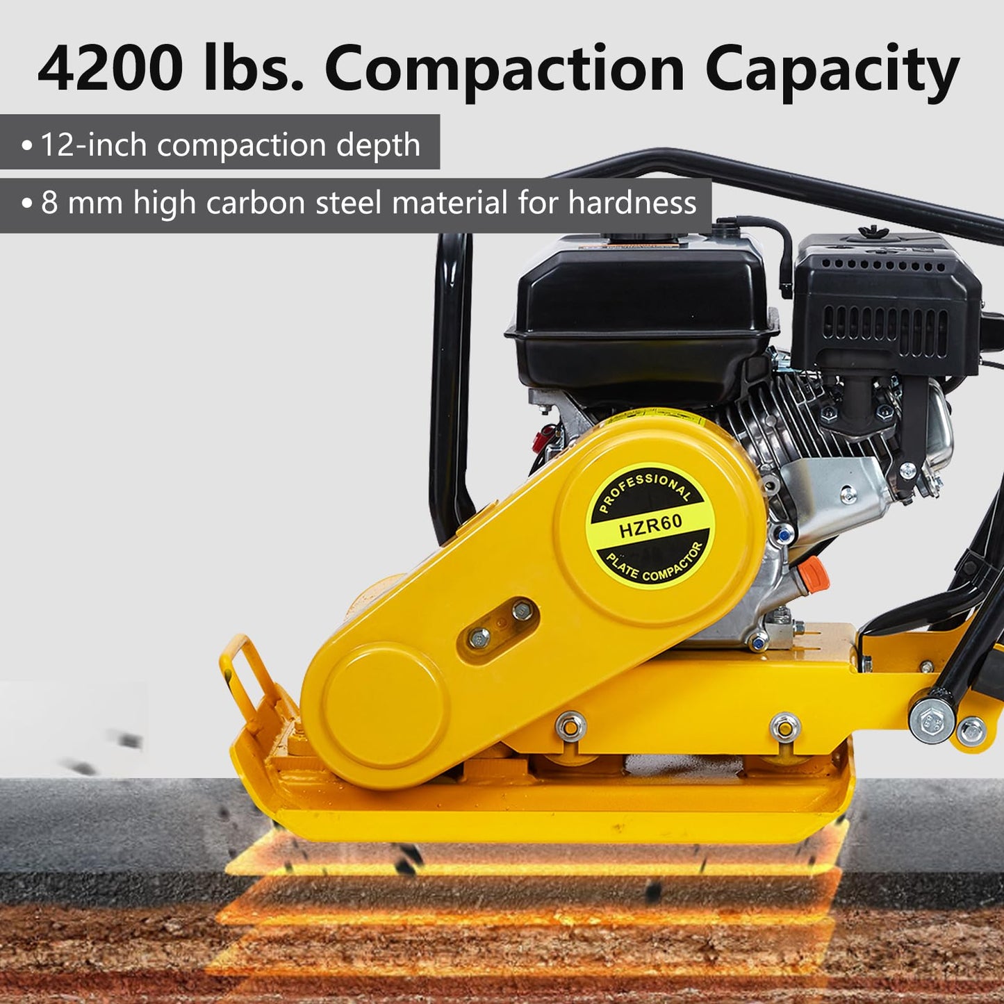 7HP Plate Compactor, 212CC Gas Engine, 4200lbs Power Jumping Jack Tamper, 22.1x15.9 in Plate Compaction Force Rammer Jumping Jack Tamper, 5600 VPM Pavement Compactor for Asphalts, Walkway
