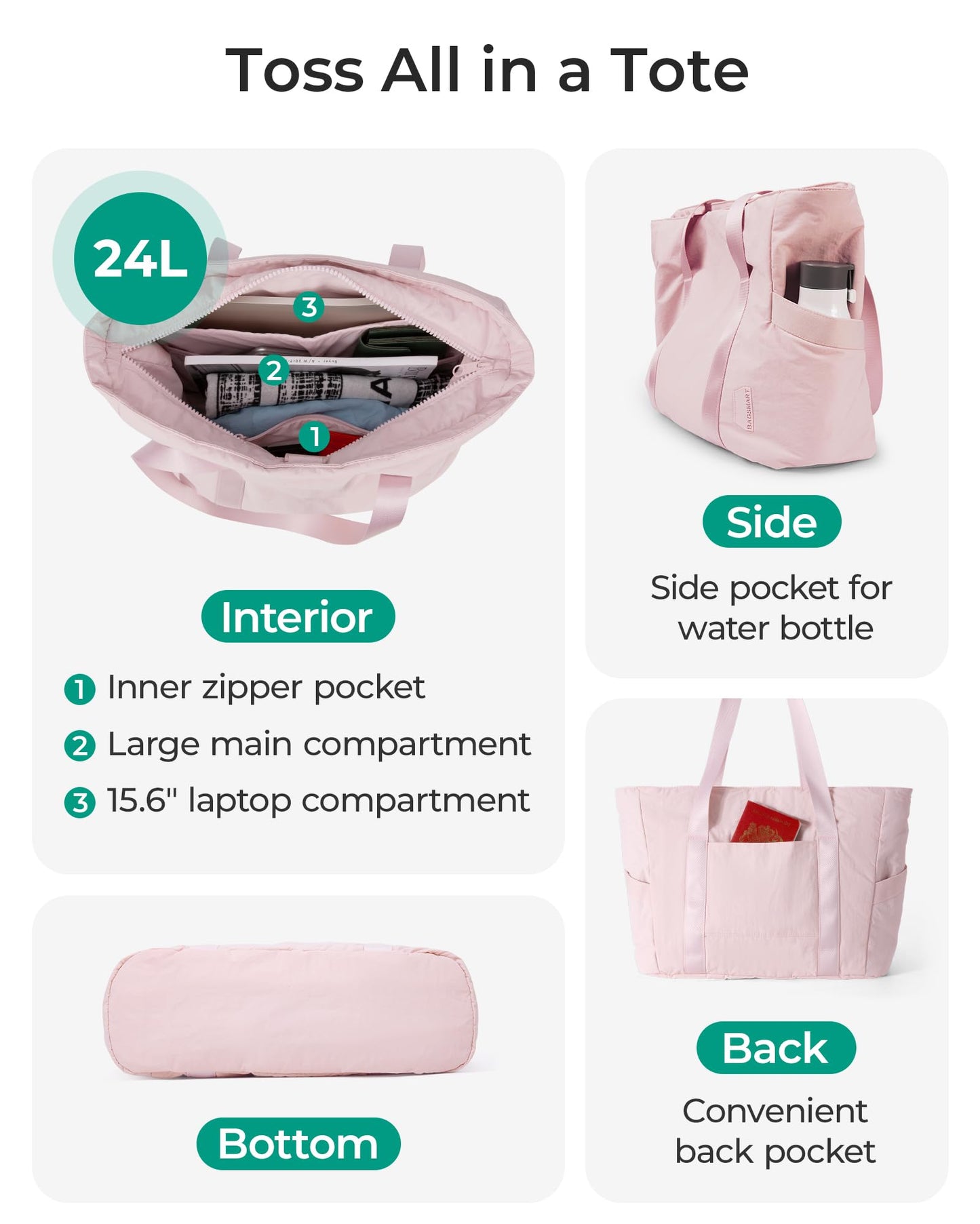 BAGSMART Tote Bag for Women with Zipper, Gym tote with Compartments, Work Tote Nurse Dance Yoga Bag for Travel