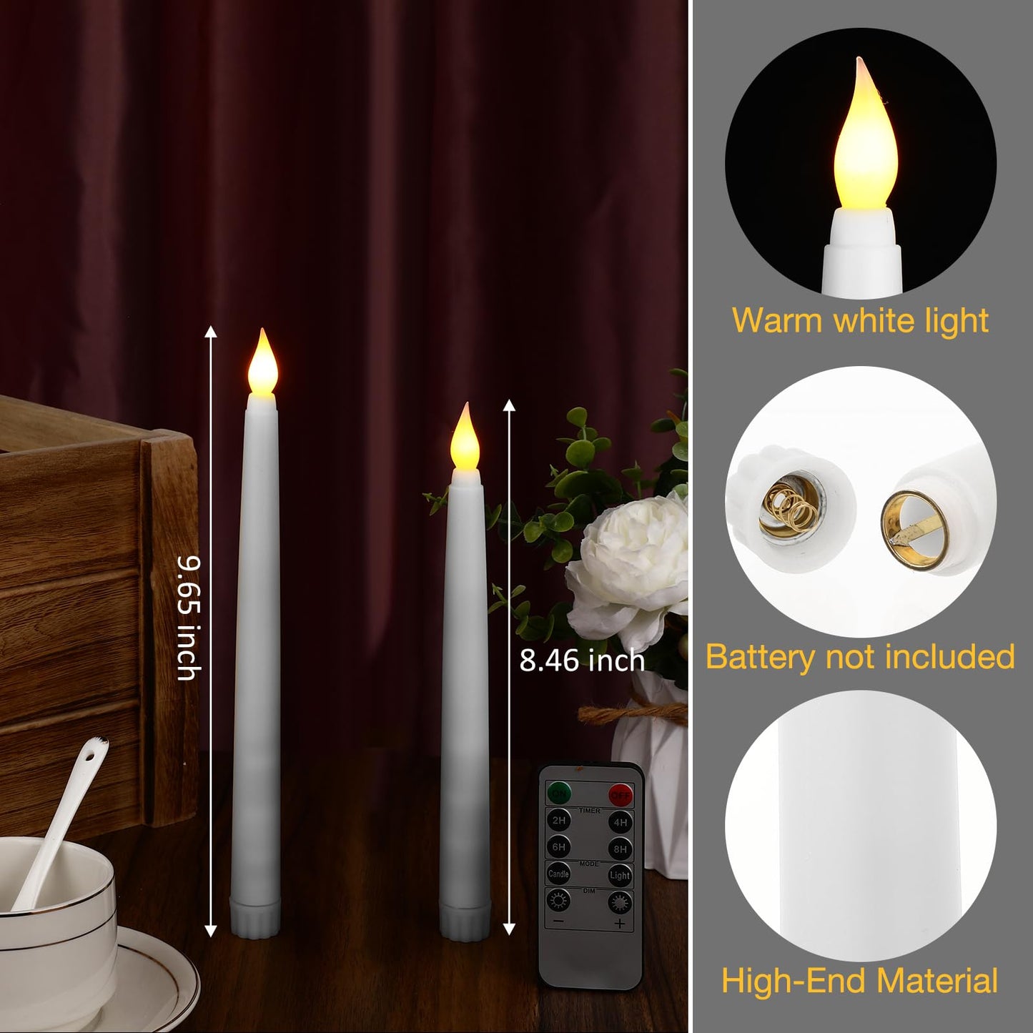 Tuanse 24 Pack Flameless Flicker Taper Candles Bulk with Remote and Timer, Battery Operated LED Warm White Taper Candles Light for Home Wedding Decoration Gifts(White,8 Inch)