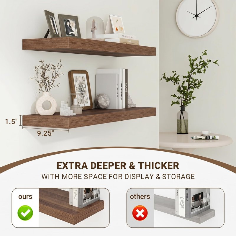 Acovy 24 Inch Floating Shelves, 24"x9.25"x1.5" Inch Deep Floating Shelves for Wall, Wooden Shelves for Bathroom, Bedroom, Living Room, Walnut, 2 Pieces