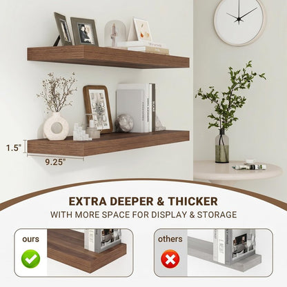 Acovy 24 Inch Floating Shelves, 24"x9.25"x1.5" Inch Deep Floating Shelves for Wall, Wooden Shelves for Bathroom, Bedroom, Living Room, Walnut, 2 Pieces