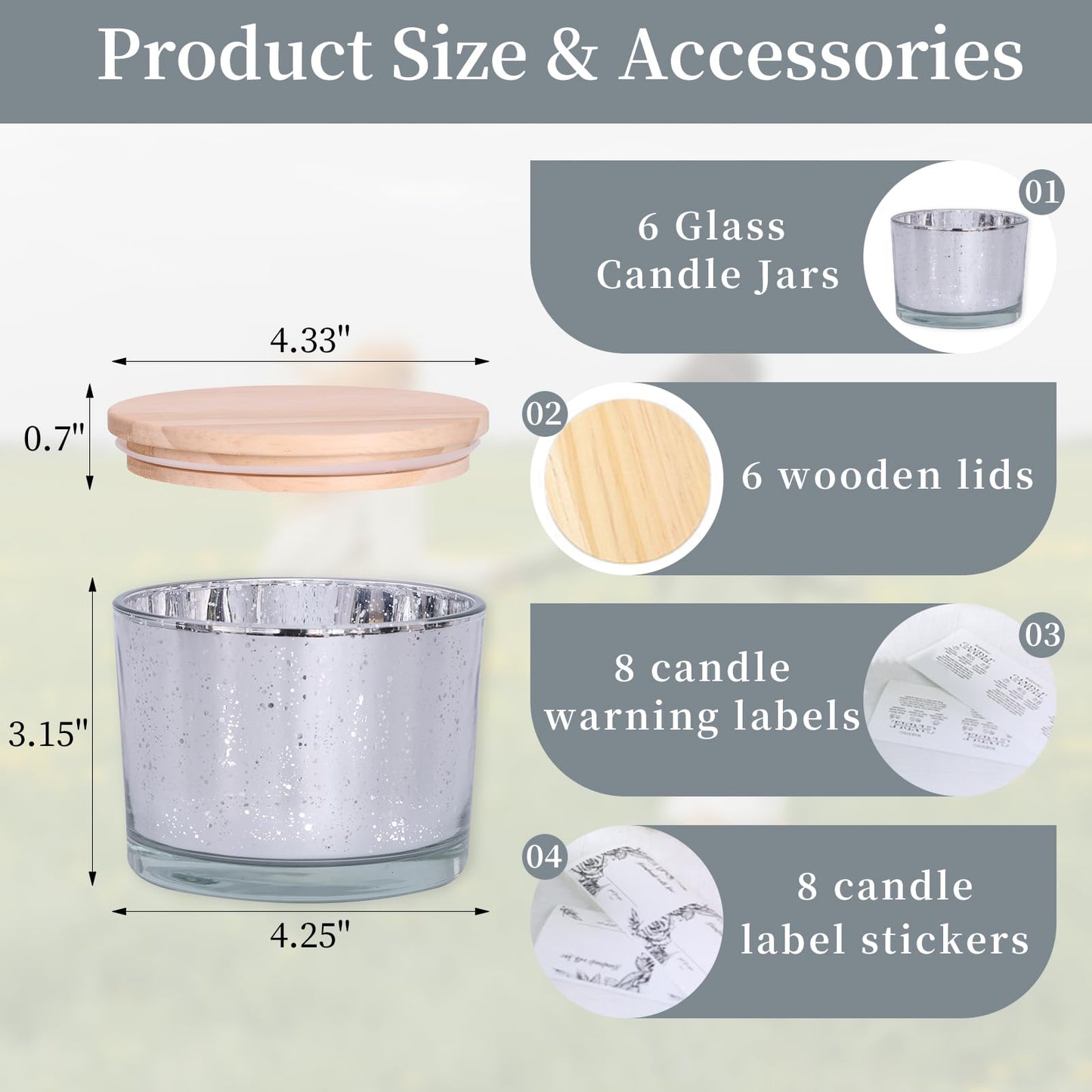 simeitol 16 OZ Speckled Silver Candle Jar for Making Candles 6 Pcs, Glass Candle Jars with Airtight Bamboo Lids - Empty Candle Jars Bulk with Sticky Warning Labels - for Home, Wedding, Christmas