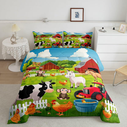 Feelyou Kids Bedding Set Cartoon Farmhouse Comforter Set Cute Farm Animal Boys Girls Toddler Comforter Cover Country Style Comforter with 1 Pillowcase Twin Size
