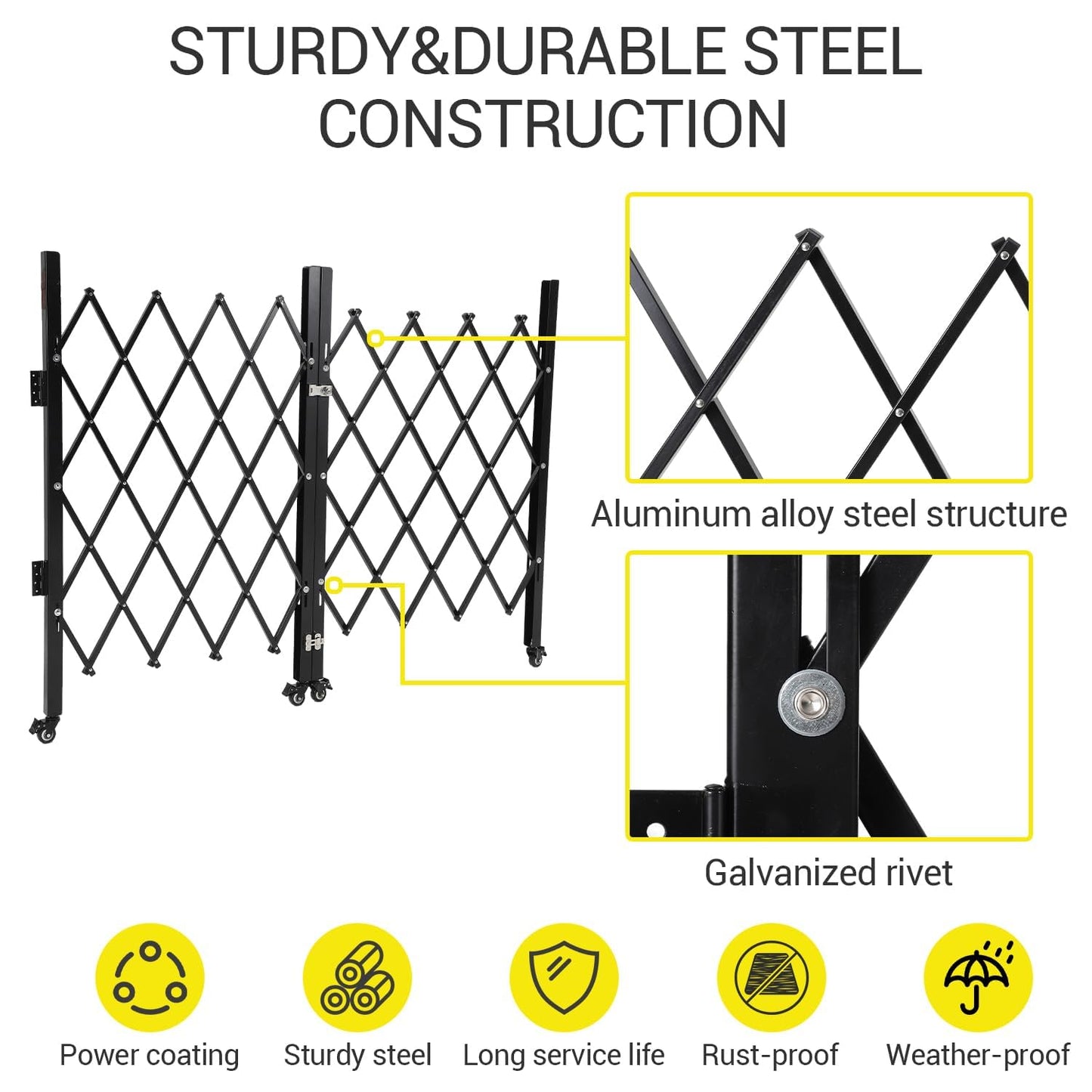 GarveeTech Double Folding Security Gate, 63" H x 122" W Lockable Scissor Gate with 360° Swivel Casters, Heavy-Duty Steel Outdoor Barricade Retractable Gates for Courtyards, Garages, Gardens, Pool