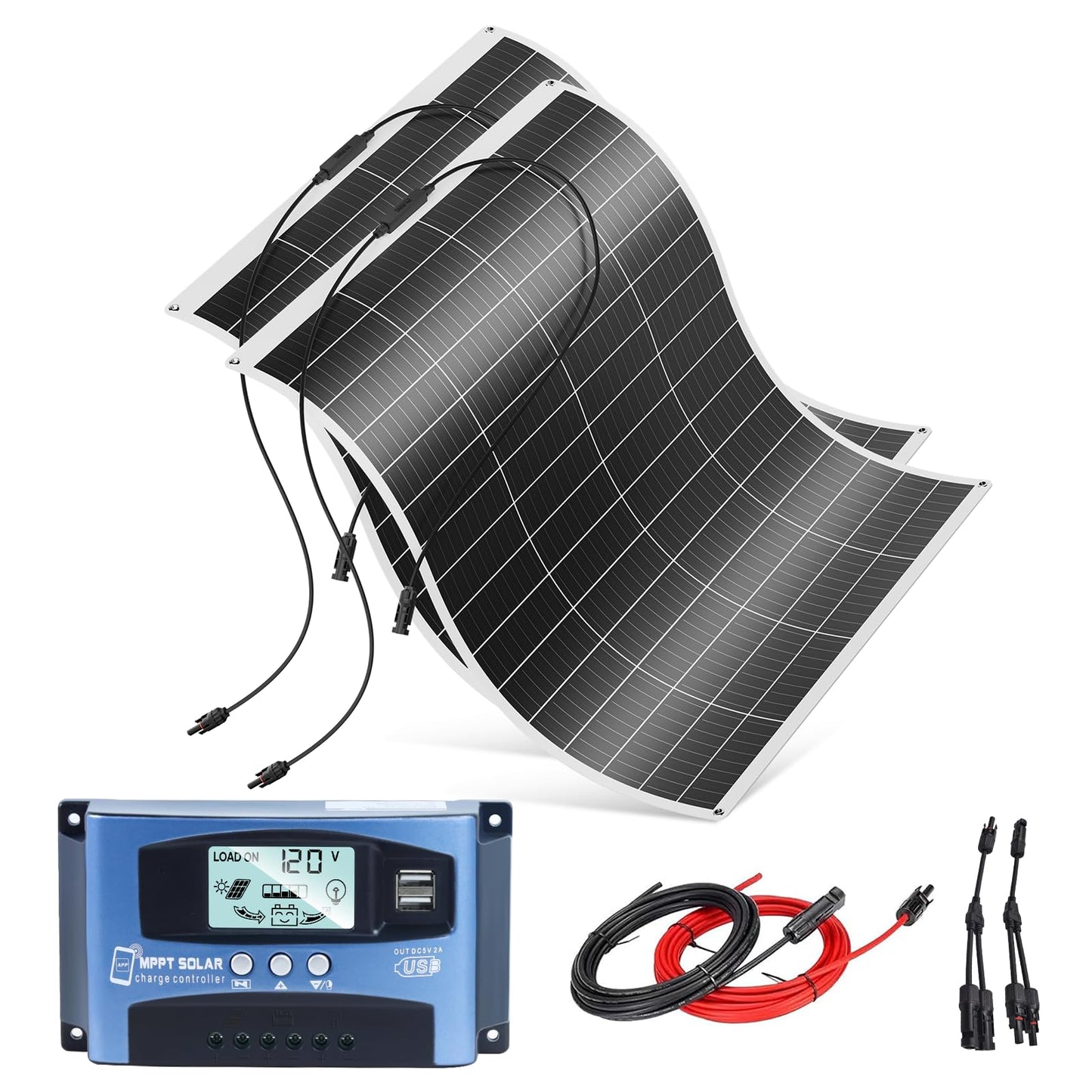 400 Watt Flexible Solar Panel Kit 200w 2pcs Flexible Rv Solar Panel Kit for Off Grid Solar System Complete Kit, Boat and Uneven Surfaces with 30a Mppt, Solar Cable, Y Branch (200w*2 kit)