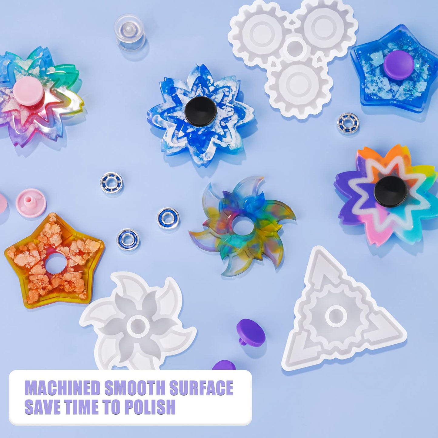 NiArt Fidget Finger Spinner DIY Epoxy Resin Casting Silicone Mold Kit 5 Molds with 10 Bearings Set, Stress Reliever Hand Fidget Toy Gift for Kids and Adults Art Crafts Home Decorations Jewelry (Set B)